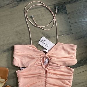 Oh Polly ruched pink peach nude bodycon mesh mini dress NWT size US 6